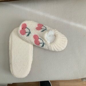Cozy Cream Slippers with Pink Cherry Design. Brand new.